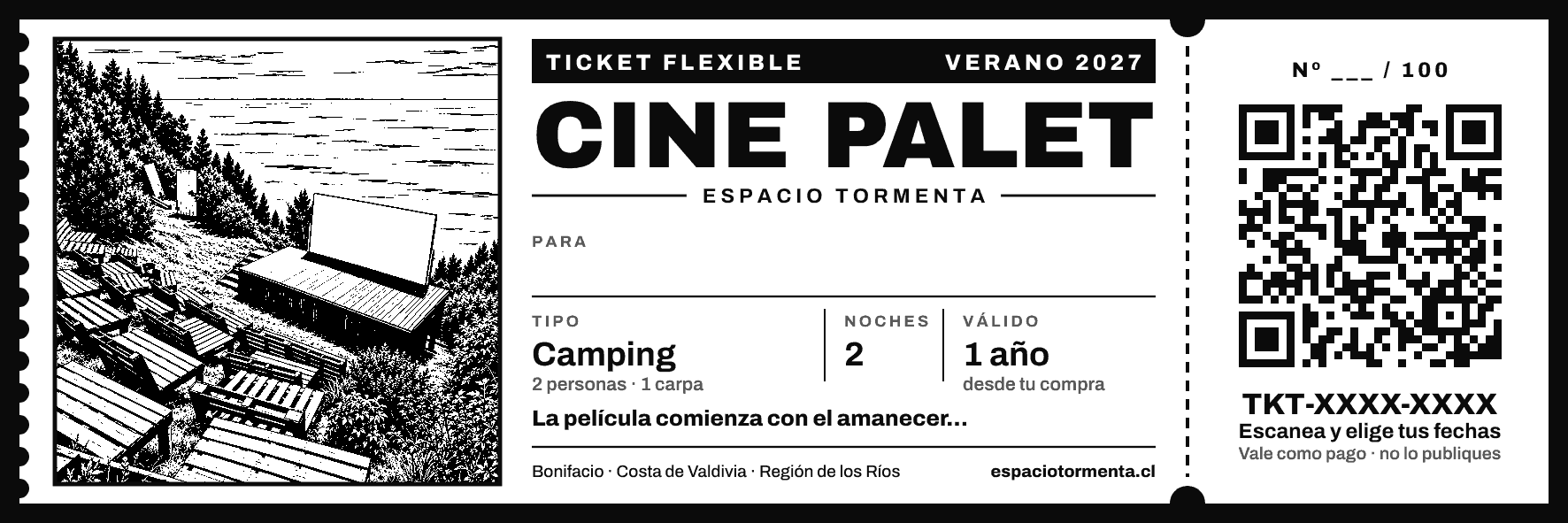Ejemplo del ticket flexible: ilustración de Cine Palet, espacio para el nombre, tipo de alojamiento, noches, vigencia de un año, número de póster, código y un QR para elegir tus fechas.