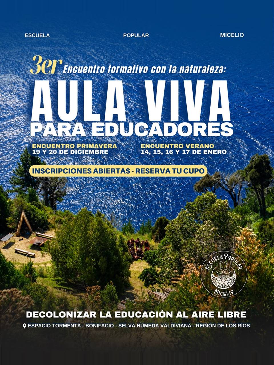 Afiche de «Aula Viva para educadores — Pre encuentro de primavera», del 19 al 20 de diciembre de 2026.